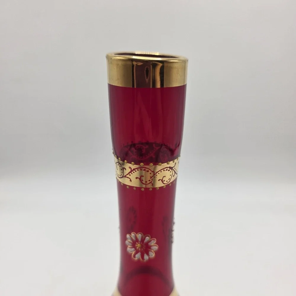 Vintage Ruby Red Glass Bud Vase Gold Enamel Floral Bohemian Style‎ 8in